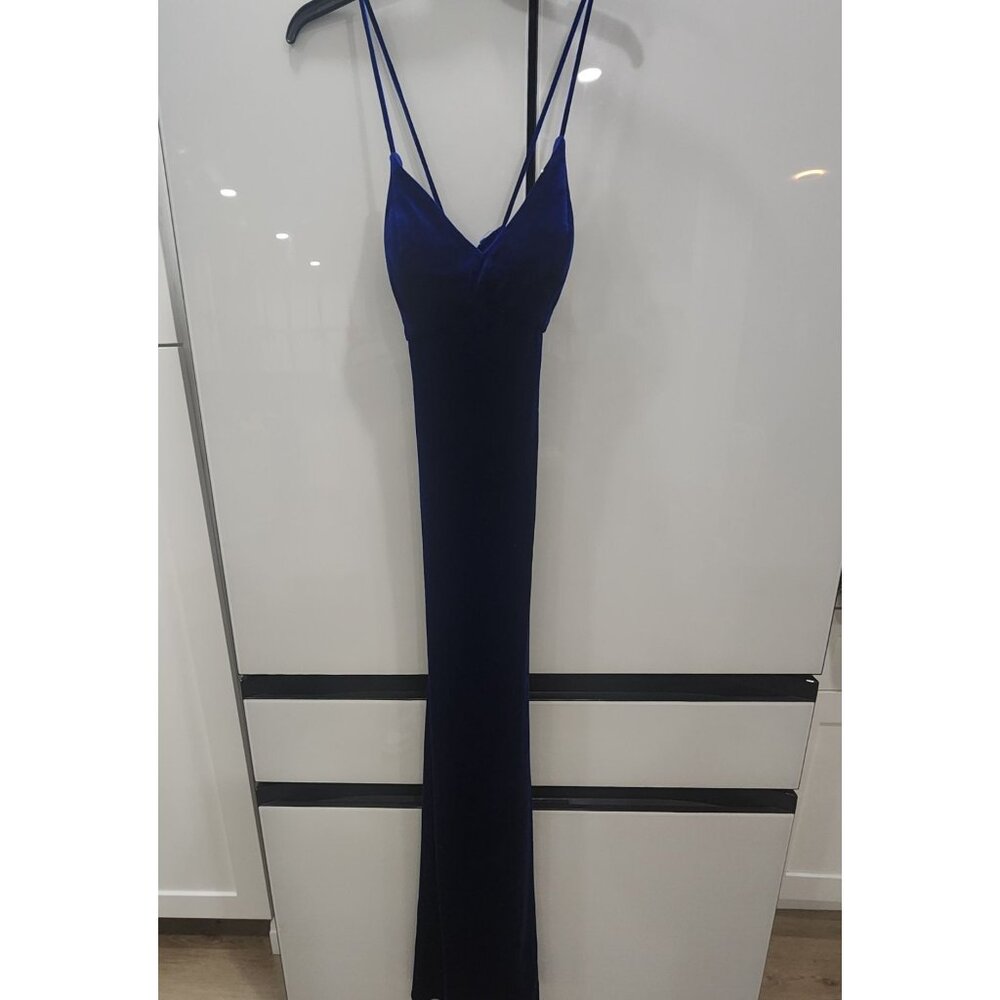 Blondie Nites Royal Blue Velvet Spaghetti Strap Gown Fitted Size 9 Draped Back D - Picture 3 of 6